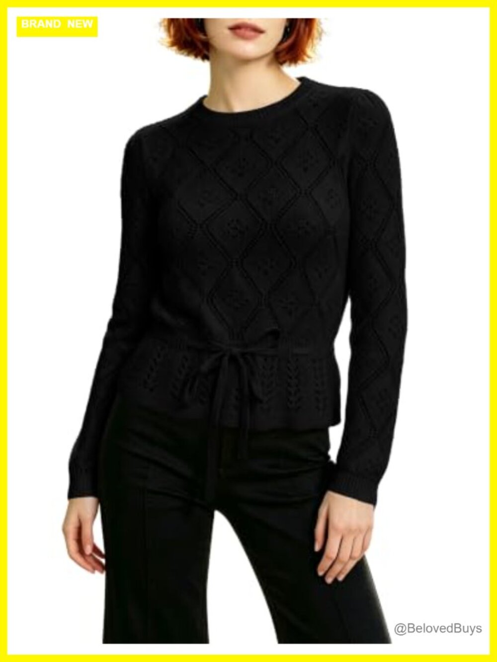 Diamond Pointelle Hollow Knit Sweater Long Sleeve Tie Waist Pullover